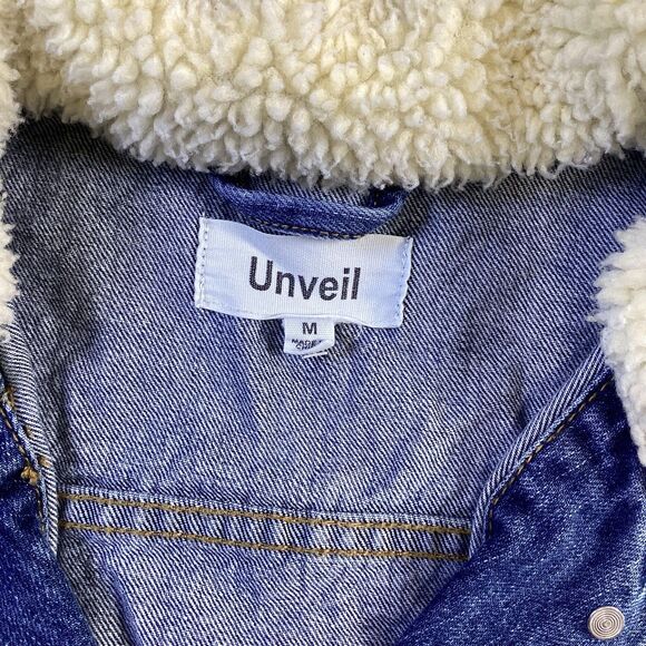 Unveil Denim Trucker Jacket Faux Shearling Collar Blue Jean Coat - Picture 5 of 6